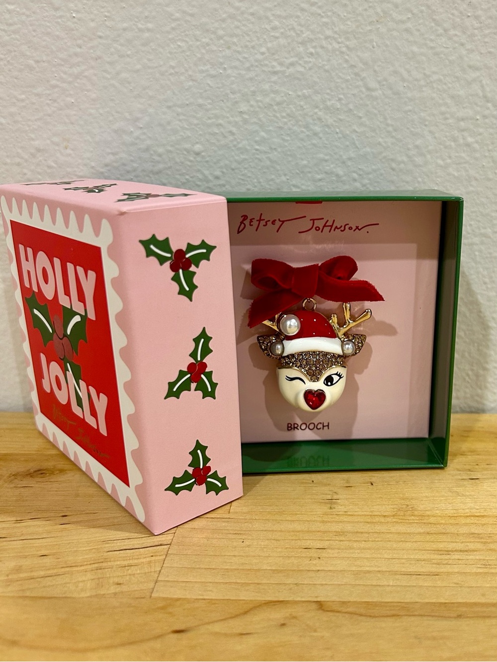 Betsey Johnson Santa Baby Reindeer Brooch w/ Christmas Gift Box Rudolph